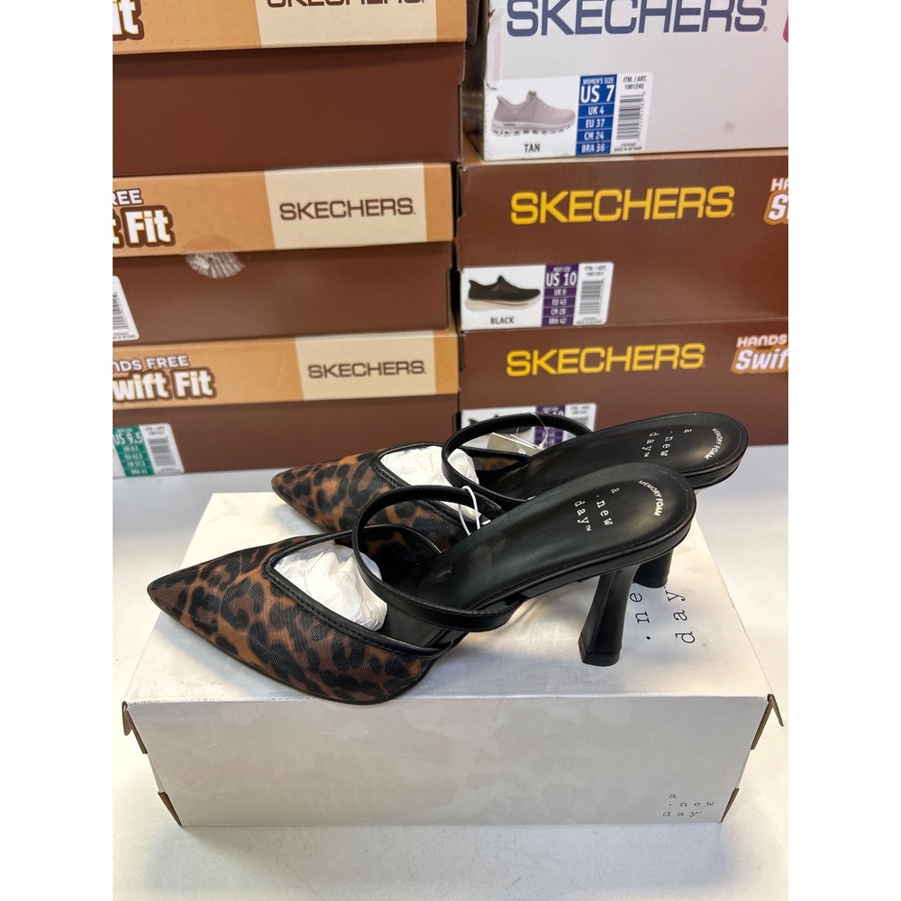 A New Day Sonia Heels Women 6.5 Brown Leopard Print Mesh Pointed Toe Mules 0688